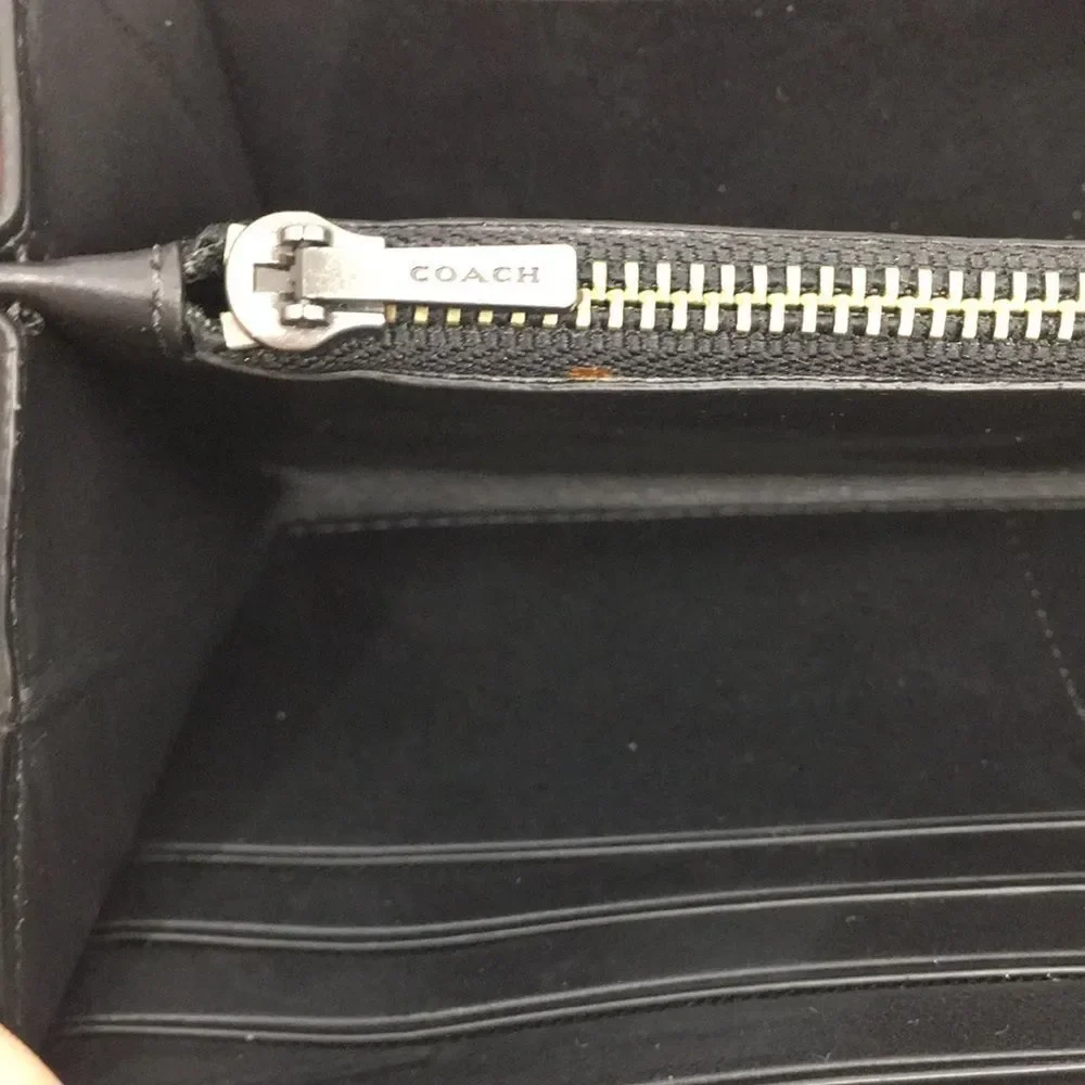 Coach Baseball Stitch Accordion Zip Wallet Black Smooth Calf Leather Unisex